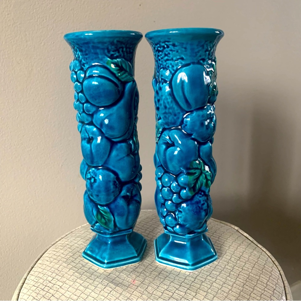 Vintage INARCO Pottery Mood Indigo Blue vases - set of two